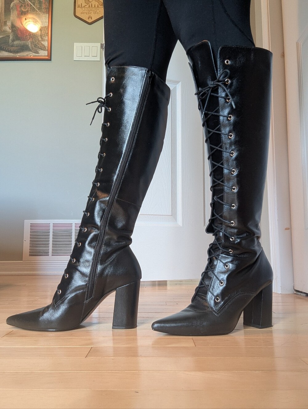 Genuine Black Leather Knee Tall Laceup Zipper Boots Heeled SZ 8 US